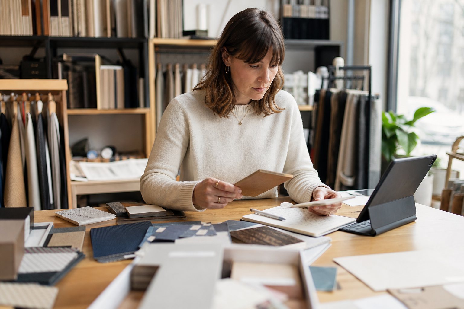 Buyer reviewing supplier options and material samples